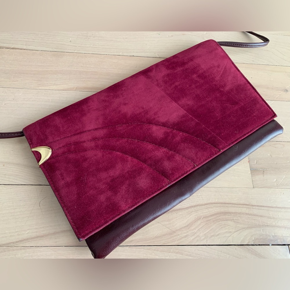 VINTAGE - Burgundy Velvet & Leather Envelope Shoulder Bag - Picture 2 of 9